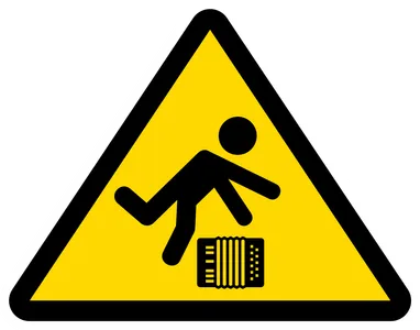 The Trip Hazard Logo - a warning triangle, with a person tripping over an accordion.